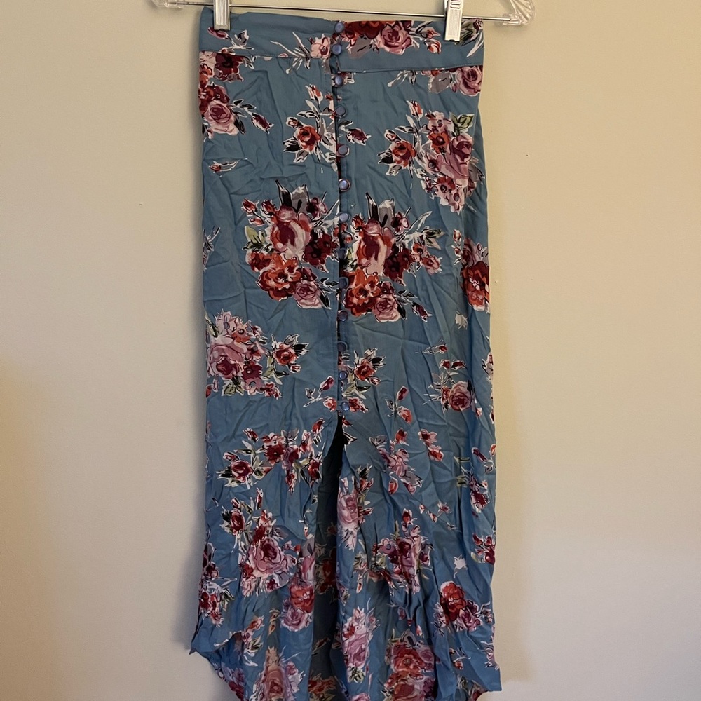 Blue, pink floral button down high low maxi skirt from california boutique.